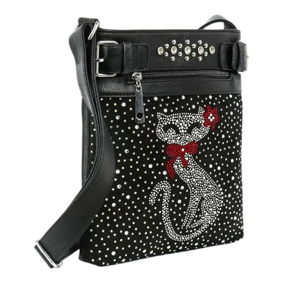 Black Rhinestone Cat Crossbody Bag with Red Accents - Picture 2 of 4